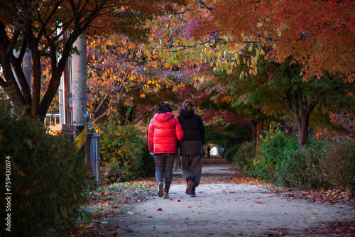 Canvas Print A couple of female friend walking on the footpath in autumn