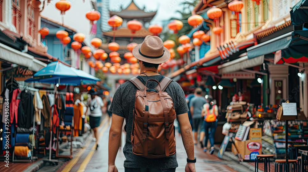 Young man hipster traveling with backpack and hat, happy Solo traveler walking at Chinatown street market in Singapore. landmark and popular for tourist attractions. Southeast Asia Travel concept.