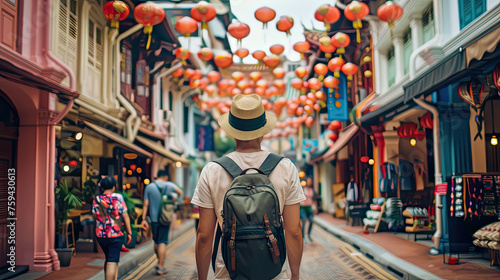 Young man hipster traveling with backpack and hat, happy Solo traveler walking at Chinatown street market in Singapore. landmark and popular for tourist attractions. Southeast Asia Travel concept.