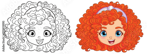 Black and white and colored vector illustrations of a girl