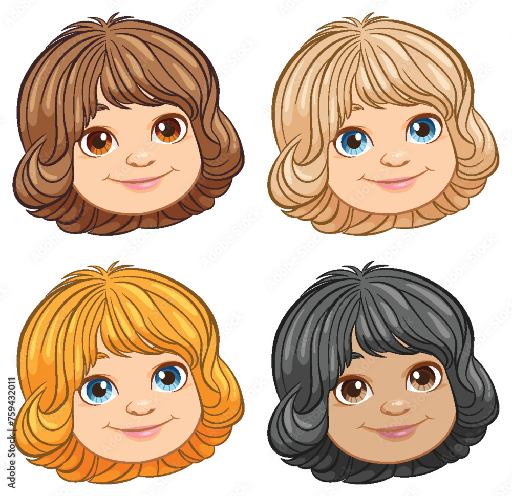 Four cartoon kids with different hair colors. Four cartoon kids with different hair colors.