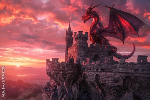 As dawn breaks, an epic dragon roars triumphantly on the battlements of a crumbled castle, under a vibrant sunrise sky. photo