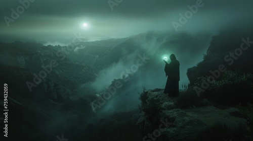 A mysterious cloaked figure holds a bright light, standing on a cliff overlooking a fog-covered mountainous terrain.