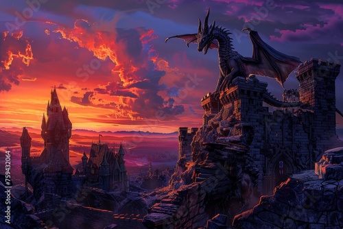 A majestic dragon perches atop the ruins of a gothic castle against a backdrop of a dramatic fiery sunset sky.