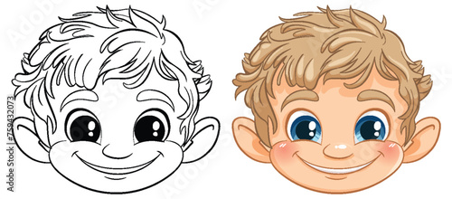 Cartoon boy's face, black and white and colored versions.