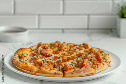 Delicious Chicken and Waffle Pizza on White Table Gen AI