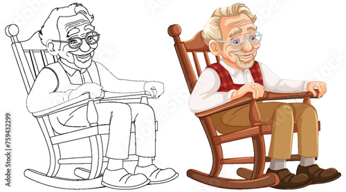 Colorful and sketched versions of a content senior man.