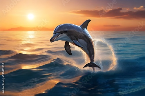 Playful dolphin jumping over breaking waves at sunset. Marine animals in natural habitat. Oceanview with sunlight. Oceanview with sunlight. Marine animals in natural habitat. 