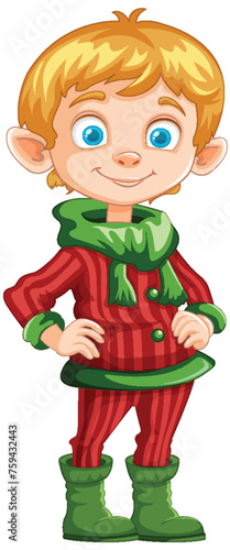 Smiling elf character in traditional holiday clothes.