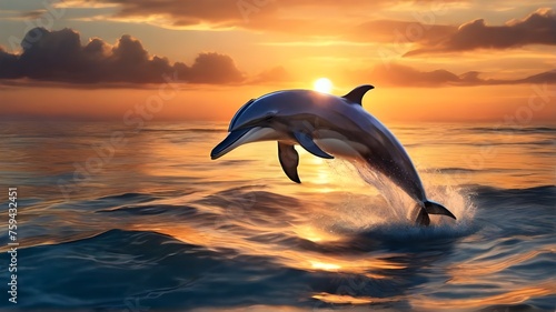 Playful Bottle-nosed dolphin (Tursiops truncatus) dolphin jumping out of sea with clear water waves at sunset. Oceanview with sunlight. Marine animals in natural habitat.  photo
