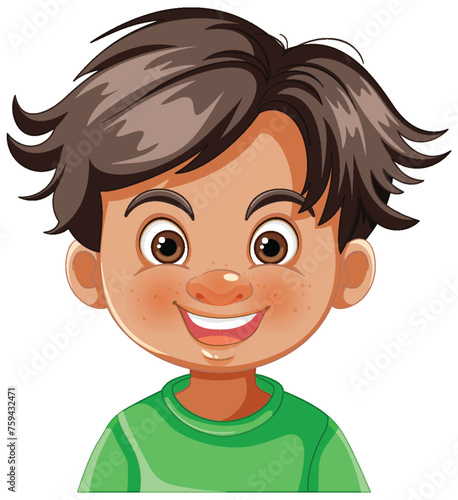 Cheerful young boy smiling in green shirt illustration