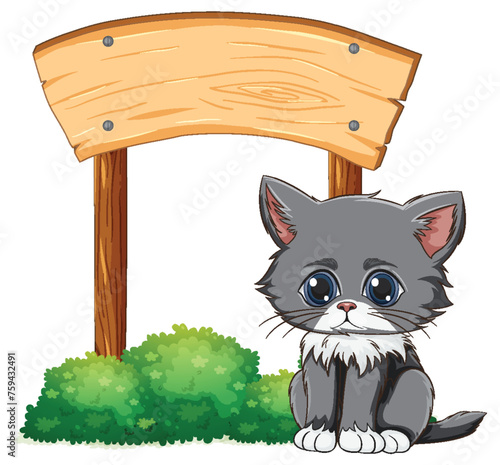 Adorable grey kitten sitting under a blank sign