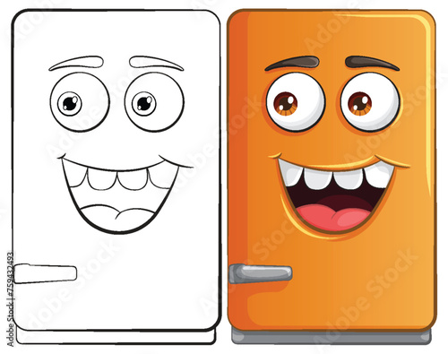 Two smiling cartoon refrigerators with expressive faces