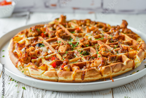 Delicious Chicken Waffle Pizza on White Plate Gen AI