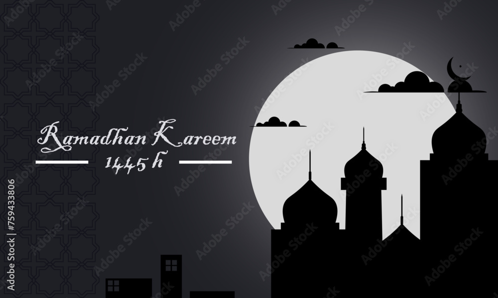 Ramadan Kareem Greeting card. Silhouette of mosque on dark background.