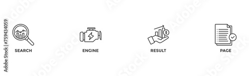 SERP banner web icon vector illustration concept for search engine result page with icon of web search, computer, search engine, mobile search, page result, and statistics graph