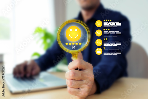 Smile face icon for customer services rating feedback satisfaction survey online business review questionnaire on technology data exchanges development for service mind social media global marketing.