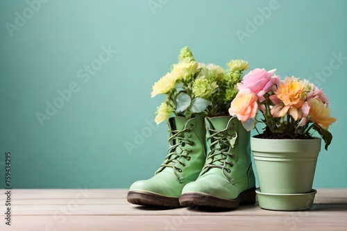 Plant flowers in a boot concept. Realistic rubber boot with flowers. Springtime, summertime gardening. Cute planter for small gardening space. National Gardening Day, Earth Day, Environmental Day 