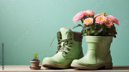Plant flowers in a boot concept. Realistic rubber boot with flowers isolated on green background with copy space. Springtime, summertime gardening. Cute planter for small gardening space. 