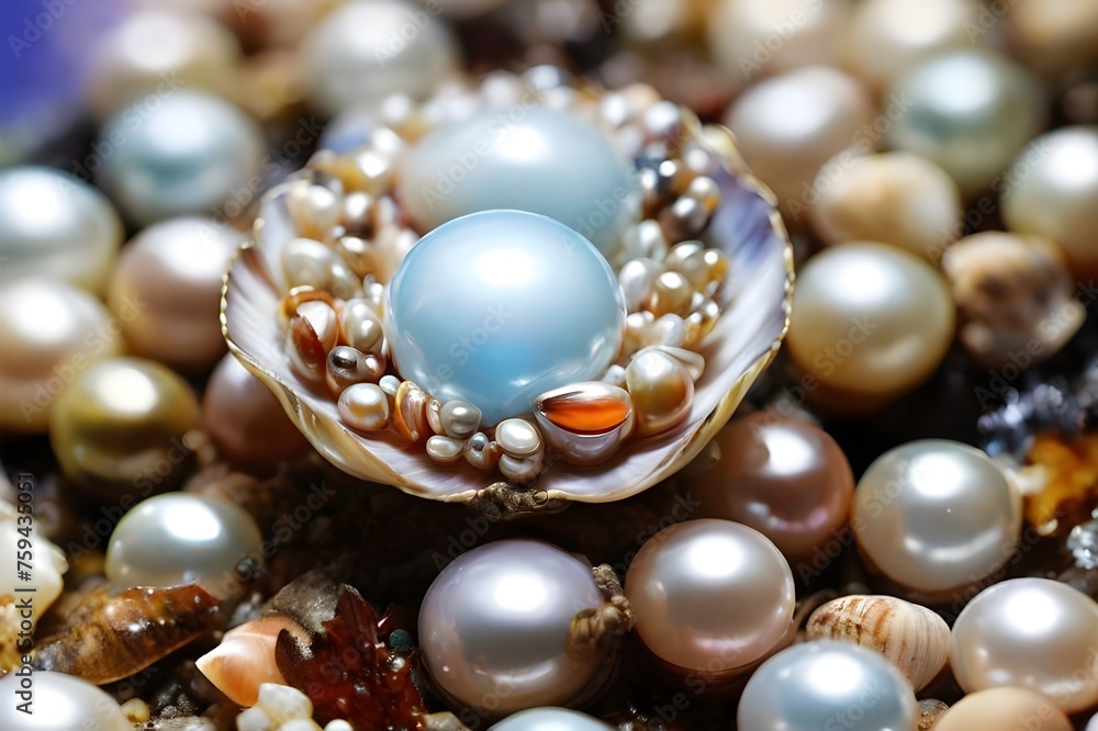 Close up realistic natural pearls inside opened seashell. Design template of seashell for graphics. Front view of shiny oyster shell pearls. National wear your pearls day December 15 Close up realistic natural pearls inside opened seashell. Design template of seashell for graphics. Front view of shiny oyster shell pearls. National wear your pearls day December 15