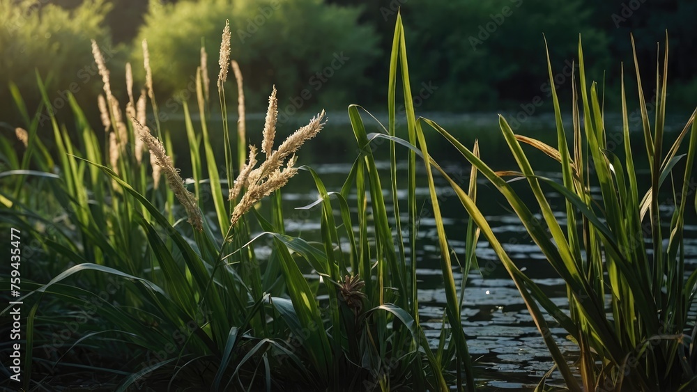 Obraz premium Acorus calamus wallpaper, medicinal plants background, Inflorescence of sweet flag (Acorus calamus), leaf calamus with inflorescence grow in water