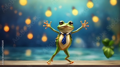 Green Frog director raising hands on meeting on green bokeh background with copy space. Happy cheerful concept. Happy leap day February 29, one extra day. Perfect for banners, greeting cards, stickers photo