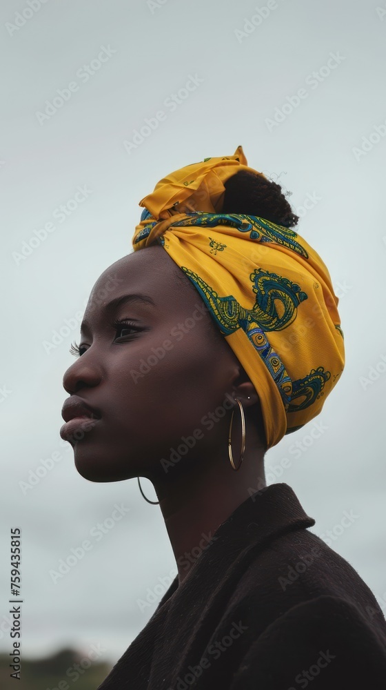 Beautiful african woman with yellow headscarf looking away. - obrazy, fototapety, plakaty 