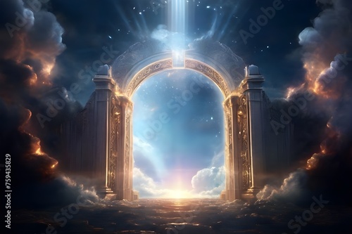 A depiction of the gates to heaven open on bright cloudy sky background. Door to heaven. Arched passage open to heaven`s sky. Hope metaphor. Abstract mystical glowing exit. Open door template, mock up photo