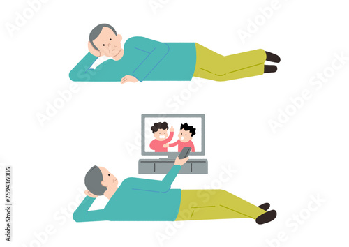 寝っ転がってテレビやスマホを見る運動不足のシニア男性のベクターイラストセット