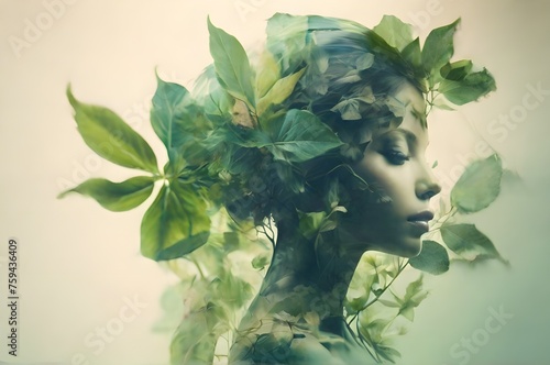Closeup of silhouette woman head with green plants in nature. Climate change, Ecological, environment, global warming concept. Human connection concept. World Environment Day June 5