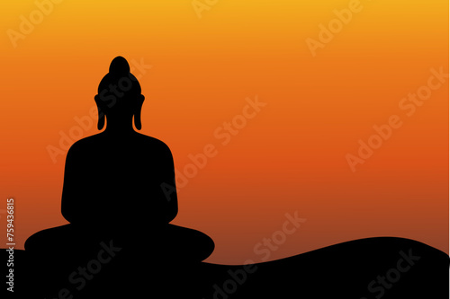 Buddha meditating silhouette and sunset background illustration