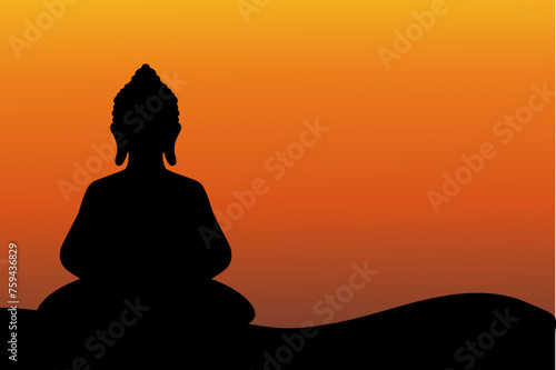 Buddha meditating silhouette and sunset background illustration