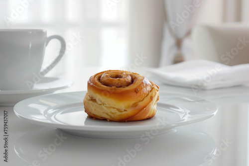 Delicious Cinnamon Roll Presentation on White Table Gen AI photo