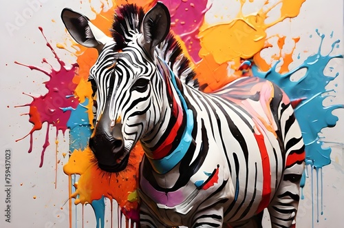 Multicoloured abstract zebra stands out against splattered paint background. Perfect for banner  or poster  home decor. 