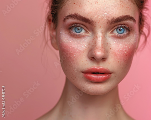 Beautiful woman with perfect clean skin, healthy face and beautiful blue eyes in the style of beauty style photo studio on a pink background. Portrait of a young attractive girl with delicate makeup a
