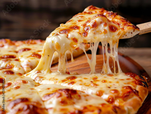 Slice of gooey cheese pizza being lifted from the whole pie photo