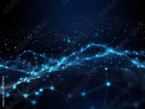 Bright glowing blue energy particles wave surface on dark background with shining dots. Cyber space wallpaper, backdrop concept. Shiny moving lines design element. Big data visualization. DOF Effect