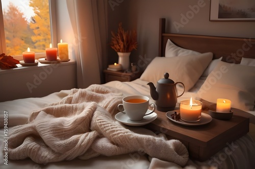 Closeup of warm cloths, cup of coffee and book on bed with candle light at night. Home comfort, cozy mood, winter, seasonal, morning coffee, sunday relaxing, wintertime, hygge concept. Selective focus photo