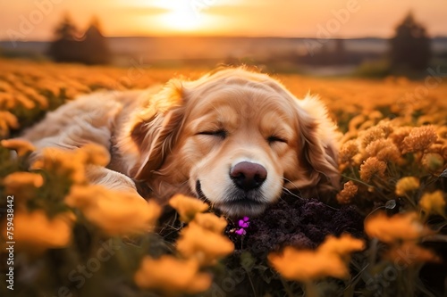 A retriever dog peacefully resting in a flower field after a morning walk in the afternoon. Backyard concept wallpaper background