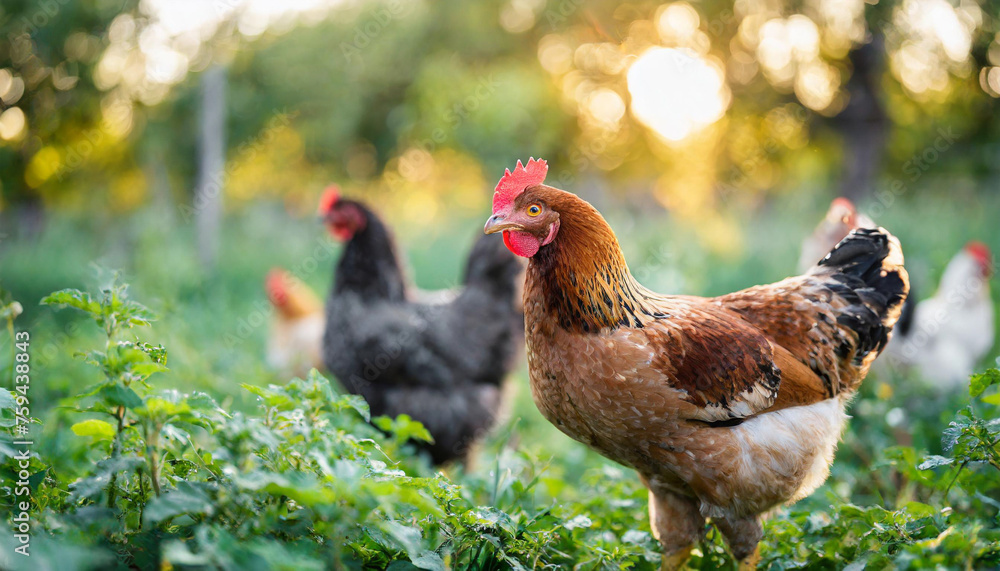 chickens roam idyllic farm, symbolizing sustainable agriculture and animal welfare