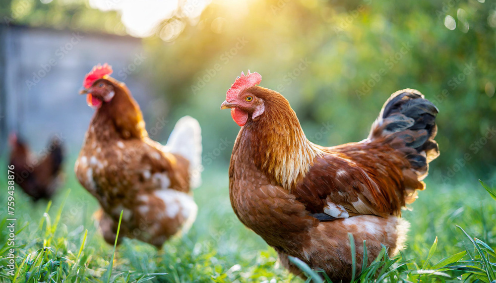 chickens roam idyllic farm, symbolizing sustainable agriculture and animal welfare