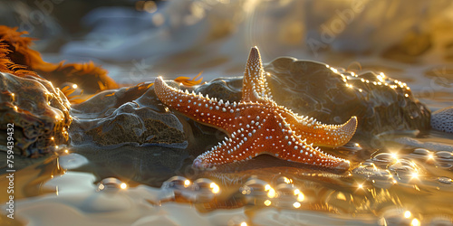 beautiful starfish, resting on the rocks of an ocean beach, generative AI