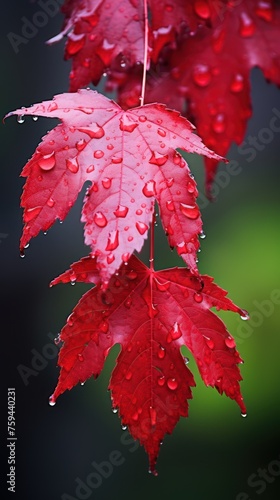A Red maple leaves on a humid morning. Natural light. Close-up.