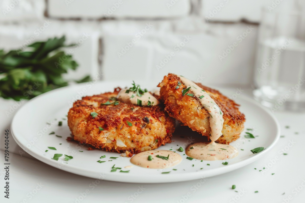 Delicious Crab Cakes with Remoulade Sauce Presentation Gen AI Delicious Crab Cakes with Remoulade Sauce Presentation Gen AI
