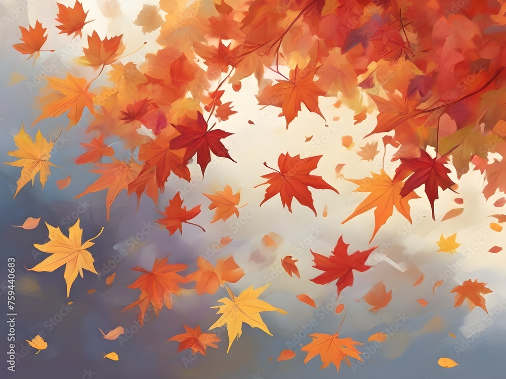 Fototapeta premium Maple leaves hanging gracefully in mid-air, a serene portrayal of autumn's beauty.