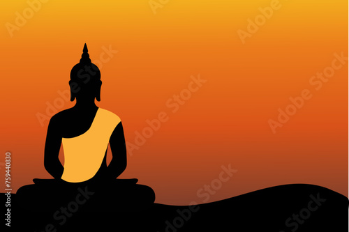 Buddha meditating silhouette and sunset background illustration