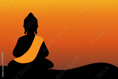 Buddha meditating silhouette and sunset background illustration