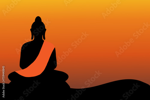 Buddha meditating silhouette and sunset background illustration