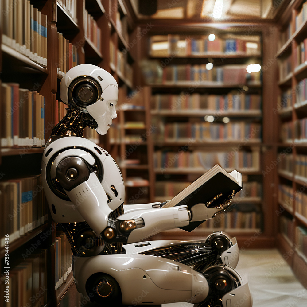 In the quiet of a library an AI robot sits reading surrounded by books showcasing the intersection of artificial intelligence and human curiosity. In the quiet of a library an AI robot sits reading surrounded by books showcasing the intersection of artificial intelligence and human curiosity.