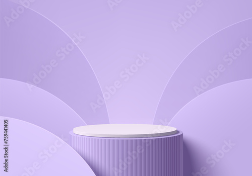 3D purple background with realistic white cylinder stand podium and overlap curve wall scene. Pastel minimal mockup product display. Abstract geometric platforms. Stage showcase. 3D vector rendering.
